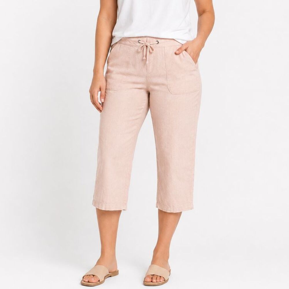 Naturals Denim & Co Crop Pants Sz LP Blush Pink Linen Blend Drawstring Pockets